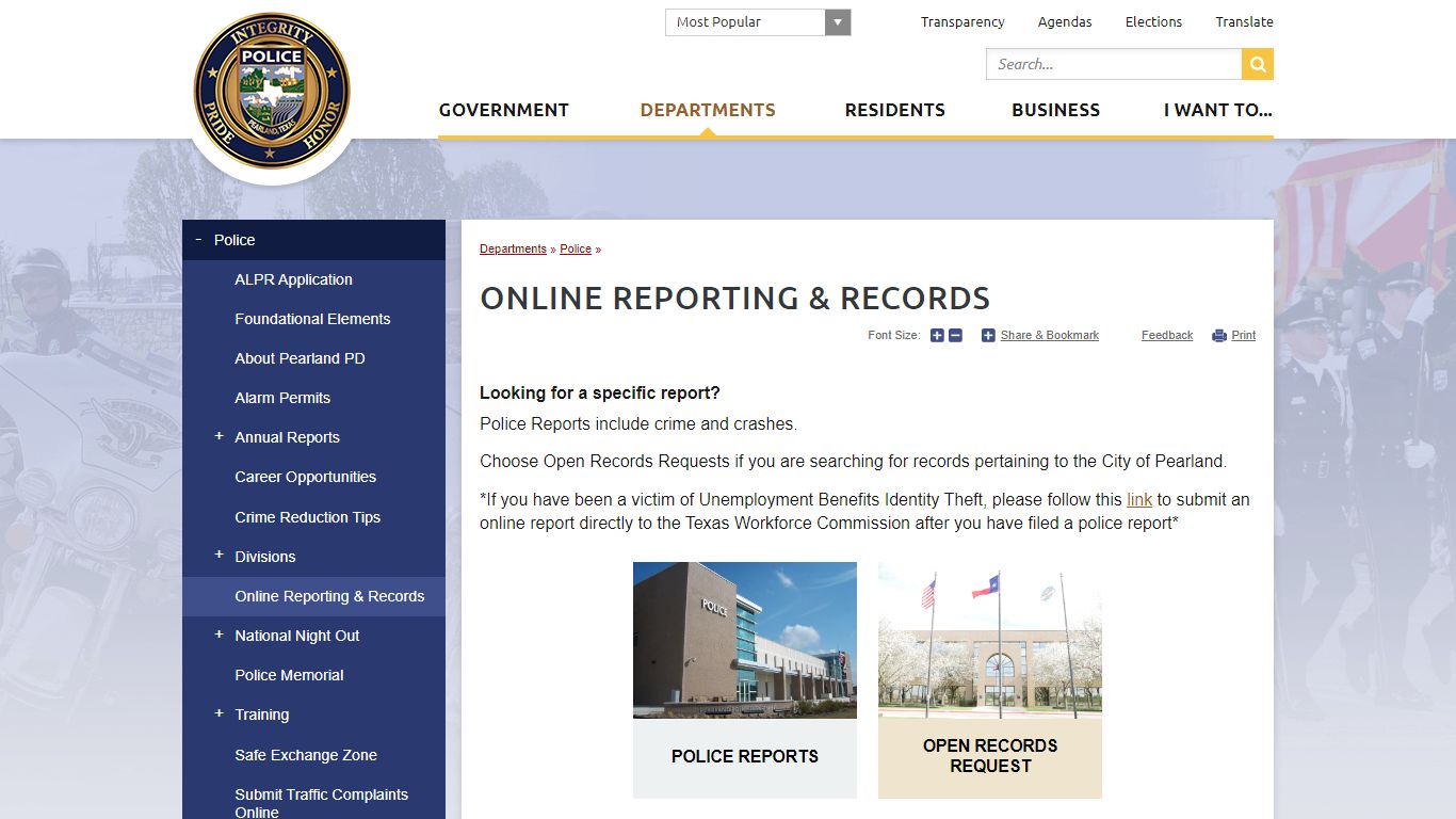 Online Reporting & Records | City of Pearland, TX